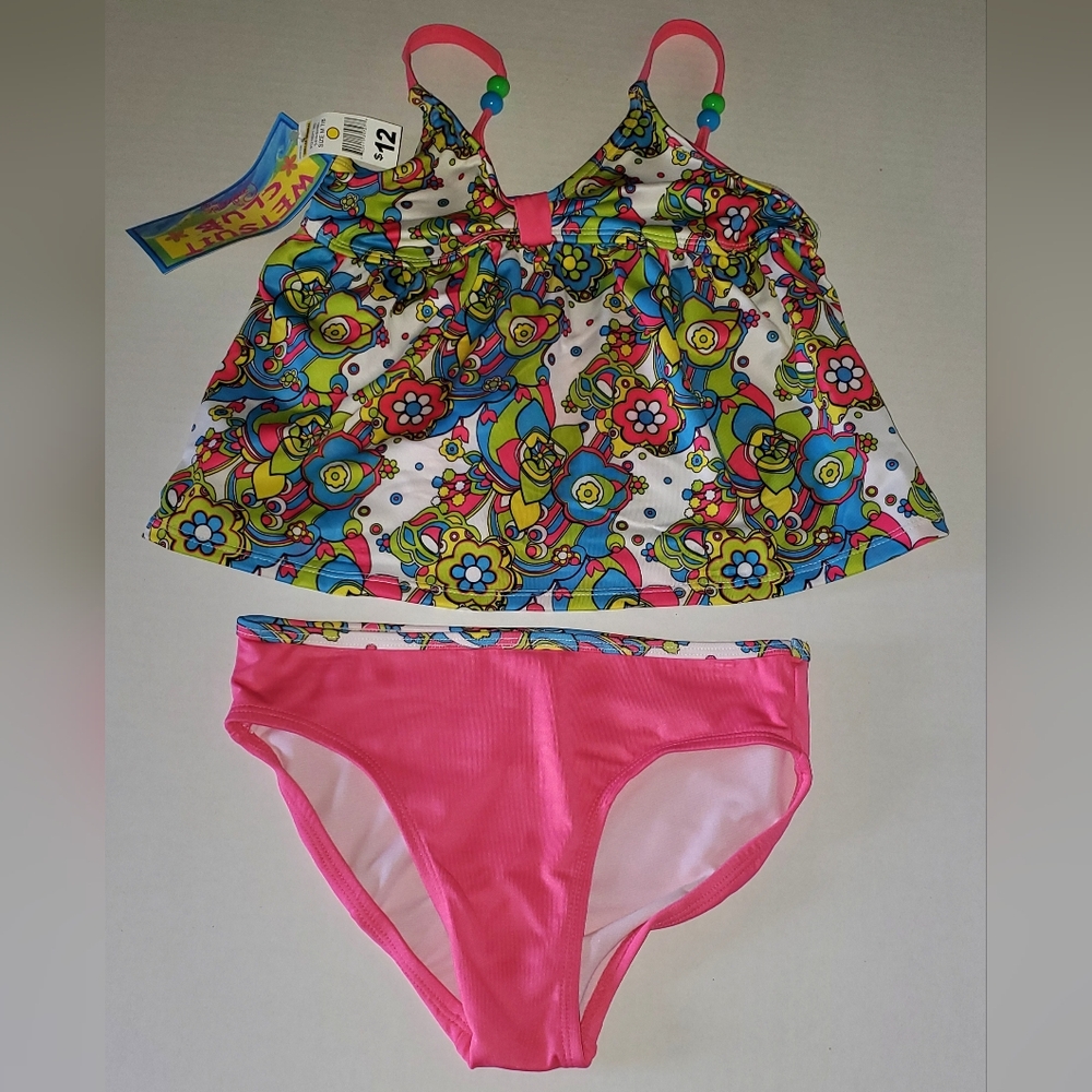 Wetsuit Club Girl's 2 Pc Swimsuit**Sz M 7/8**Bead Accent Straps**